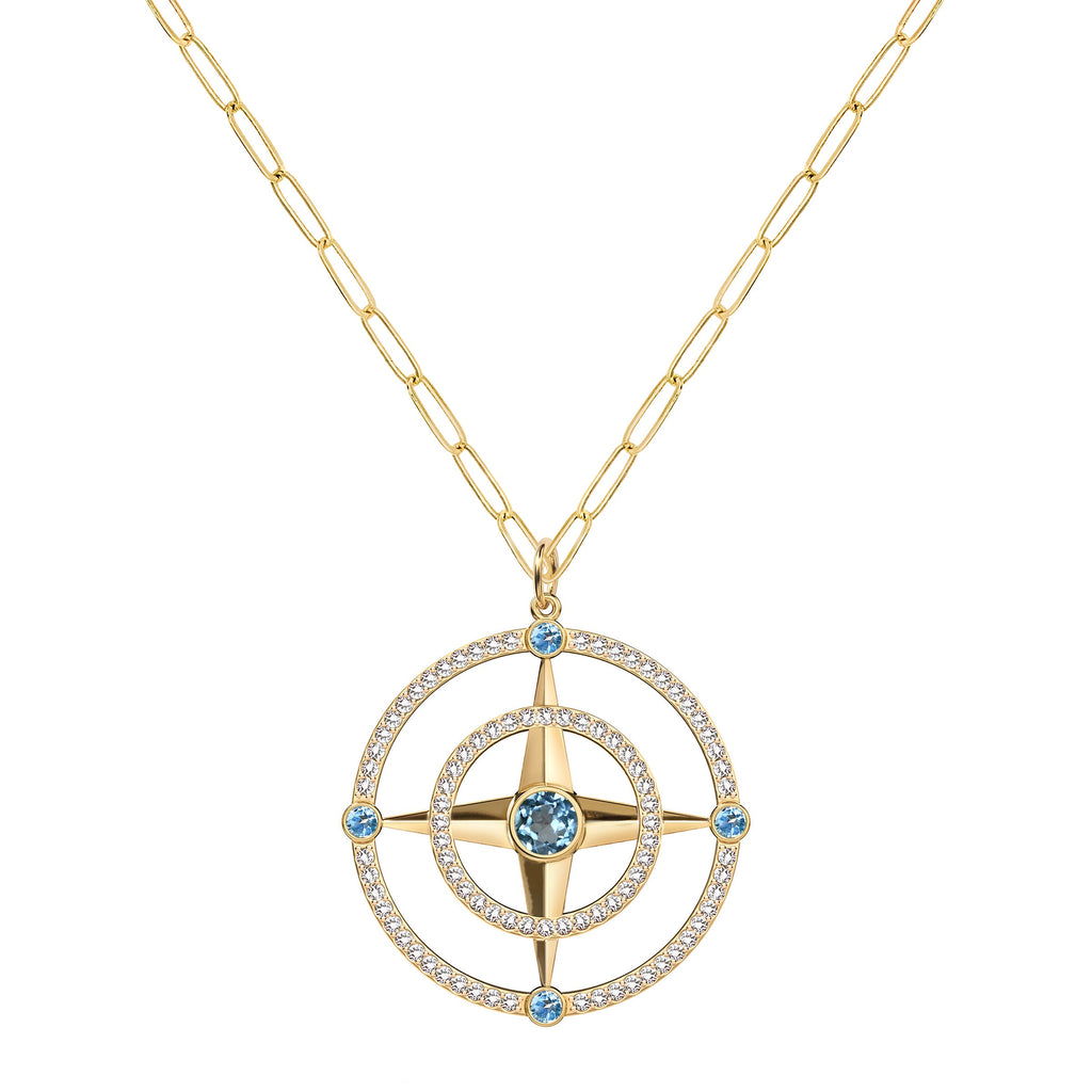 Large Compass Nantucket Blue Topaz & Diamond Pendant in 14k Gold (December)