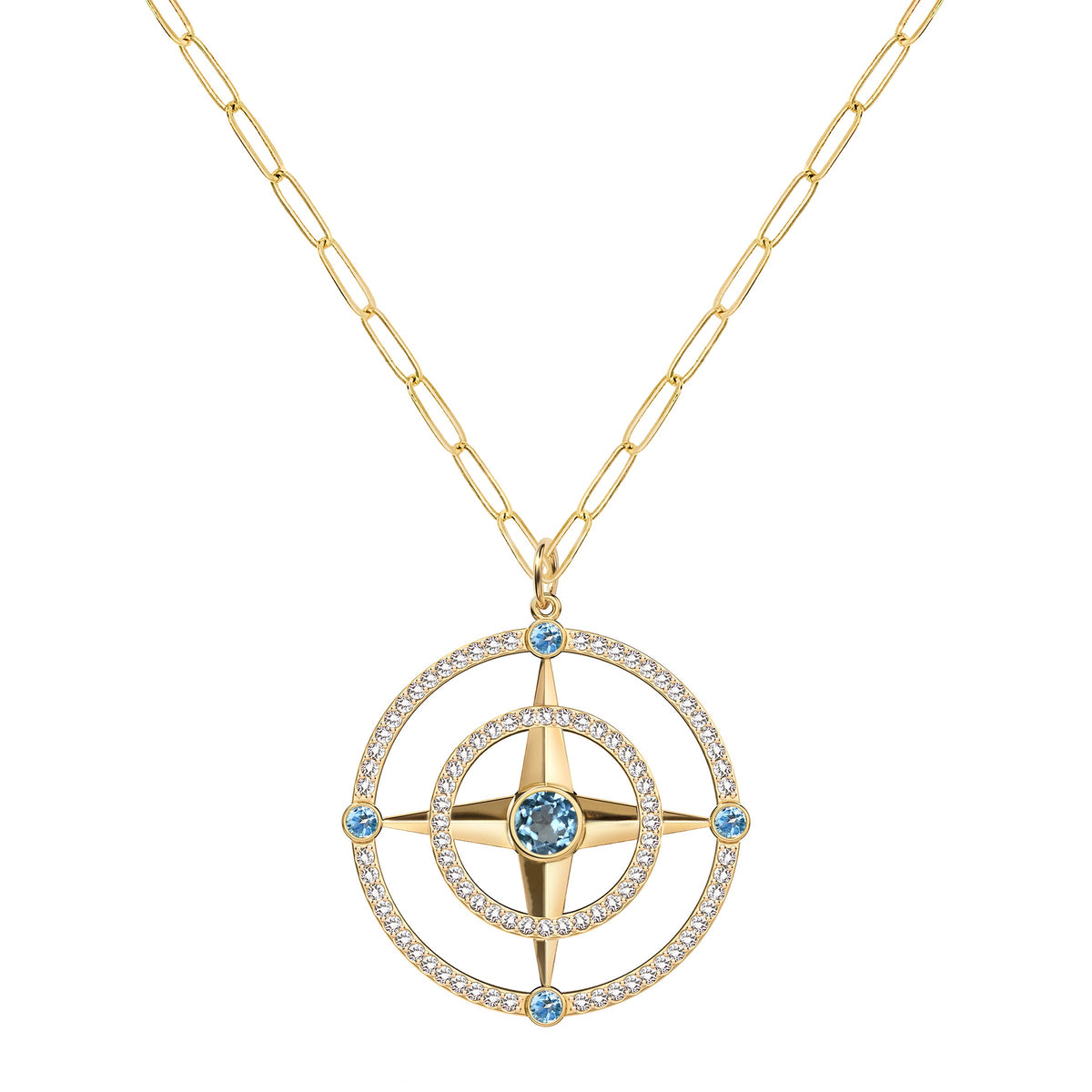 Large Compass Nantucket Blue Topaz & Diamond Pendant in 14k Gold (December)