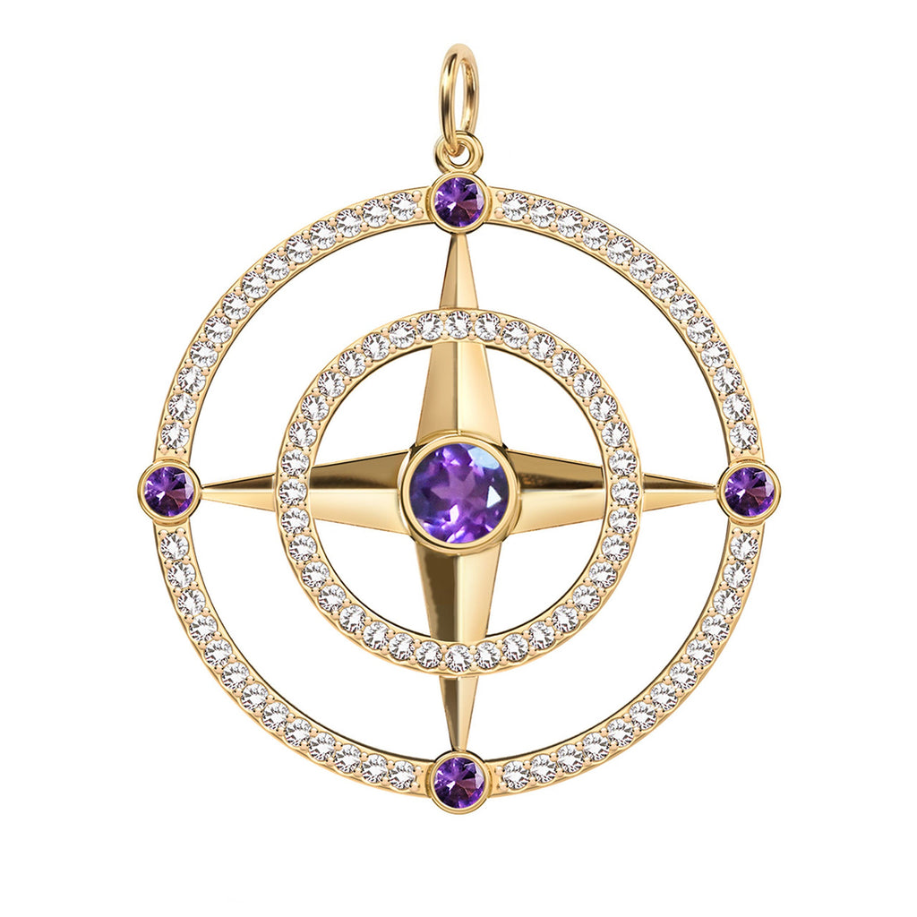 Large Compass Amethyst & Diamond Pendant in 14k Gold (February)