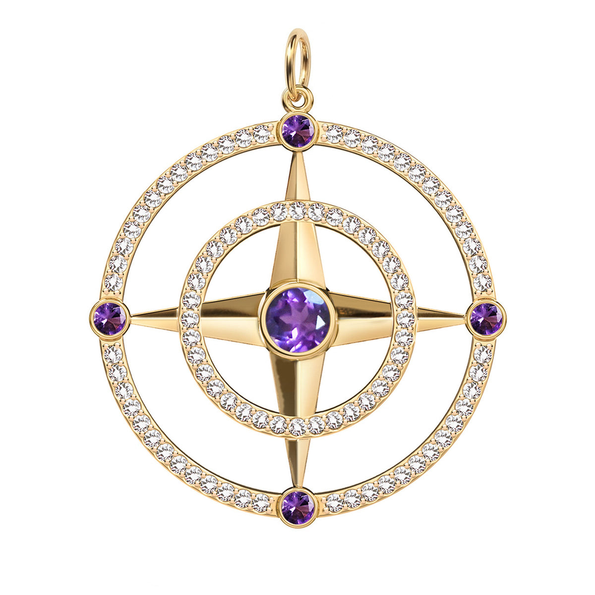 Large Compass Amethyst & Diamond Pendant in 14k Gold (February)
