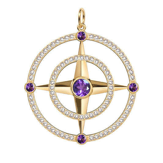 Large Compass Amethyst & Diamond Pendant in 14k Gold (February)