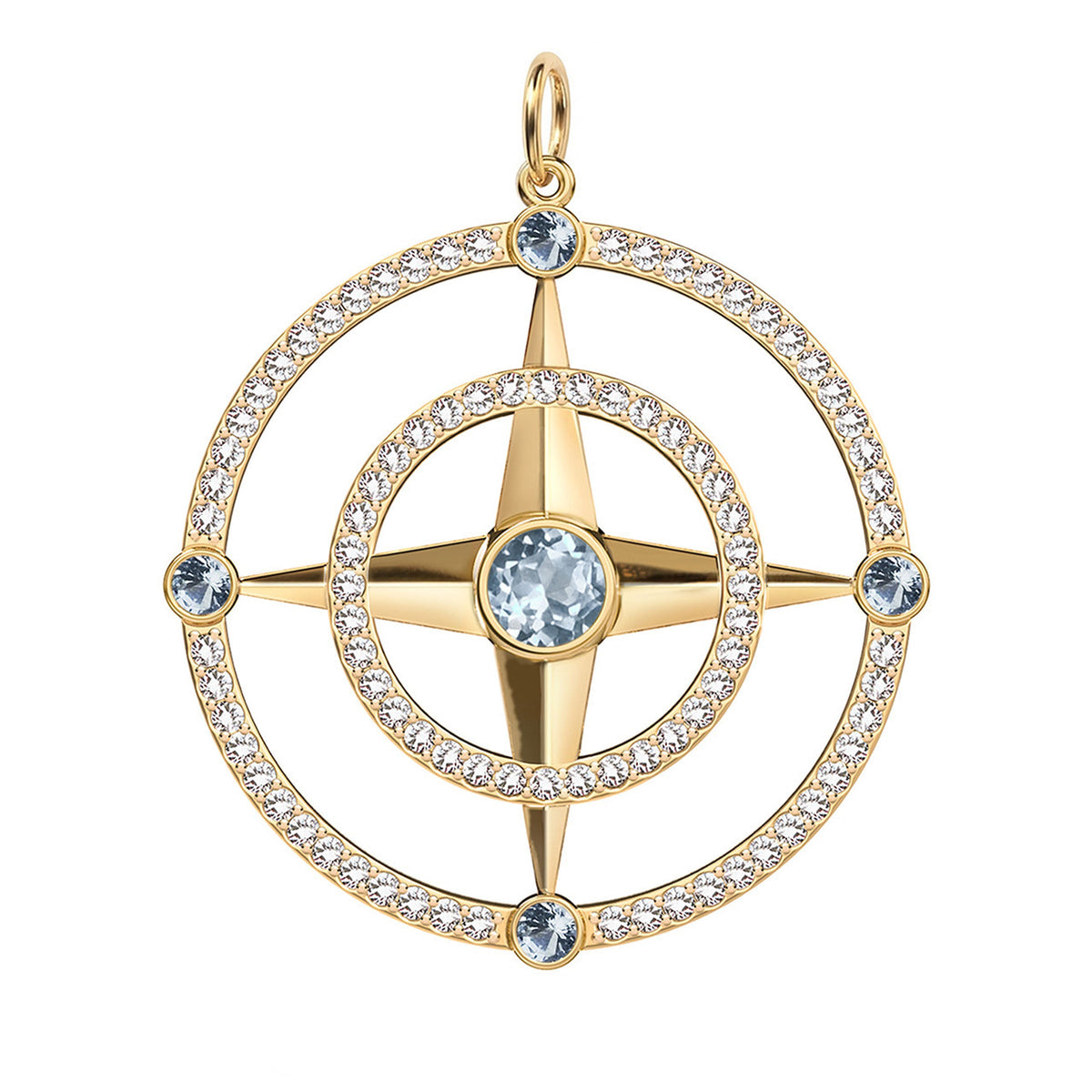Large Compass Aquamarine & Diamond Pendant in 14k Gold (March)