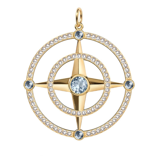 Large Compass Aquamarine & Diamond Pendant in 14k Gold (March)