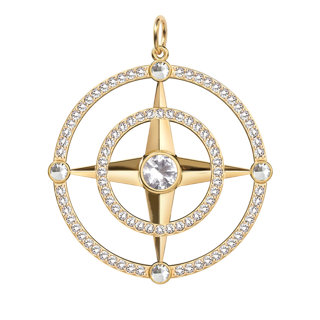 Large Compass White Topaz & Diamond Pendant in 14k Gold (April)