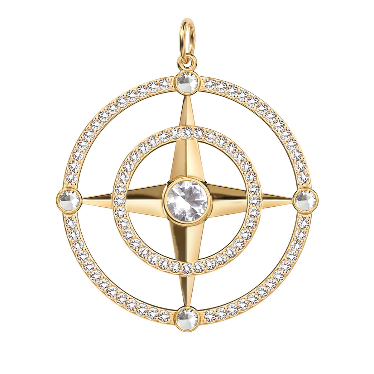 Large Compass White Topaz & Diamond Pendant in 14k Gold (April)