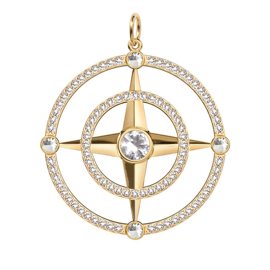 Large Compass White Topaz & Diamond Pendant in 14k Gold (April)