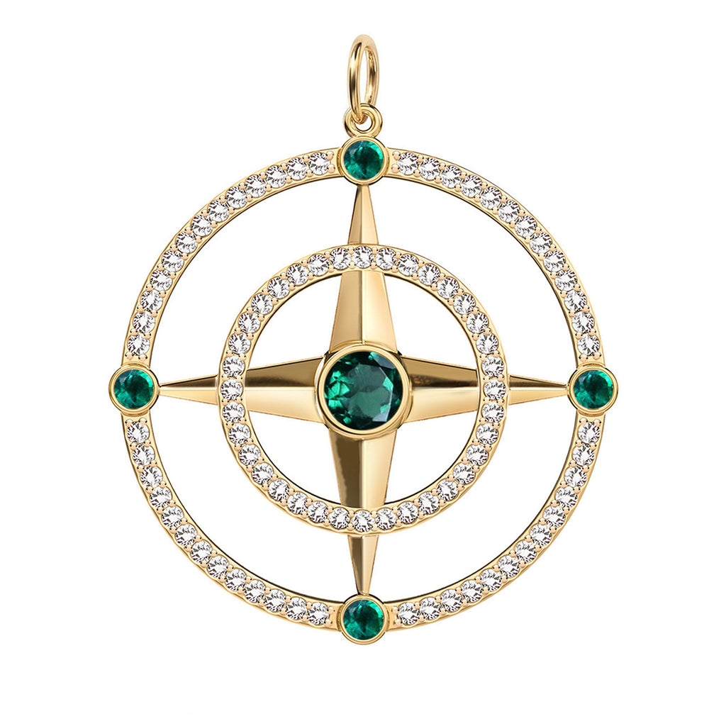 Large Compass Emerald & Diamond Pendant in 14k Gold (May)