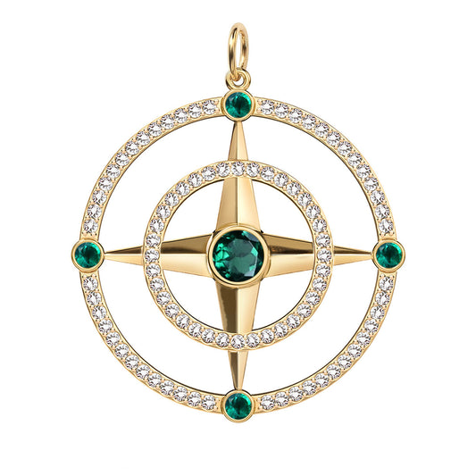 Large Compass Emerald & Diamond Pendant in 14k Gold (May)