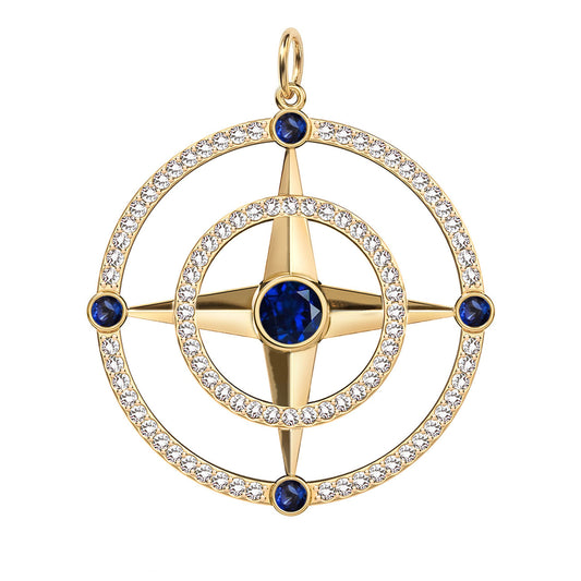 Large Compass Sapphire & Diamond Pendant in 14k Gold (September)