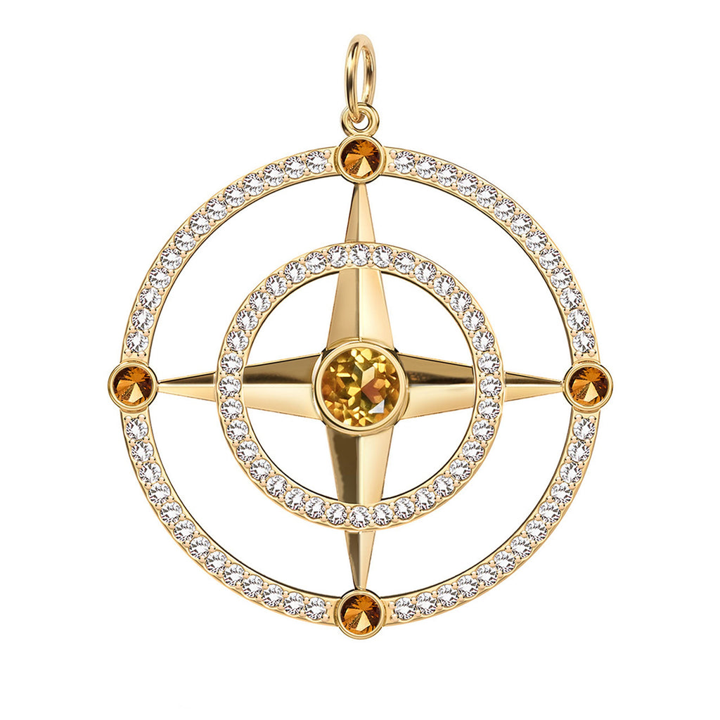 Large Compass Citrine & Diamond Pendant in 14k Gold (November)