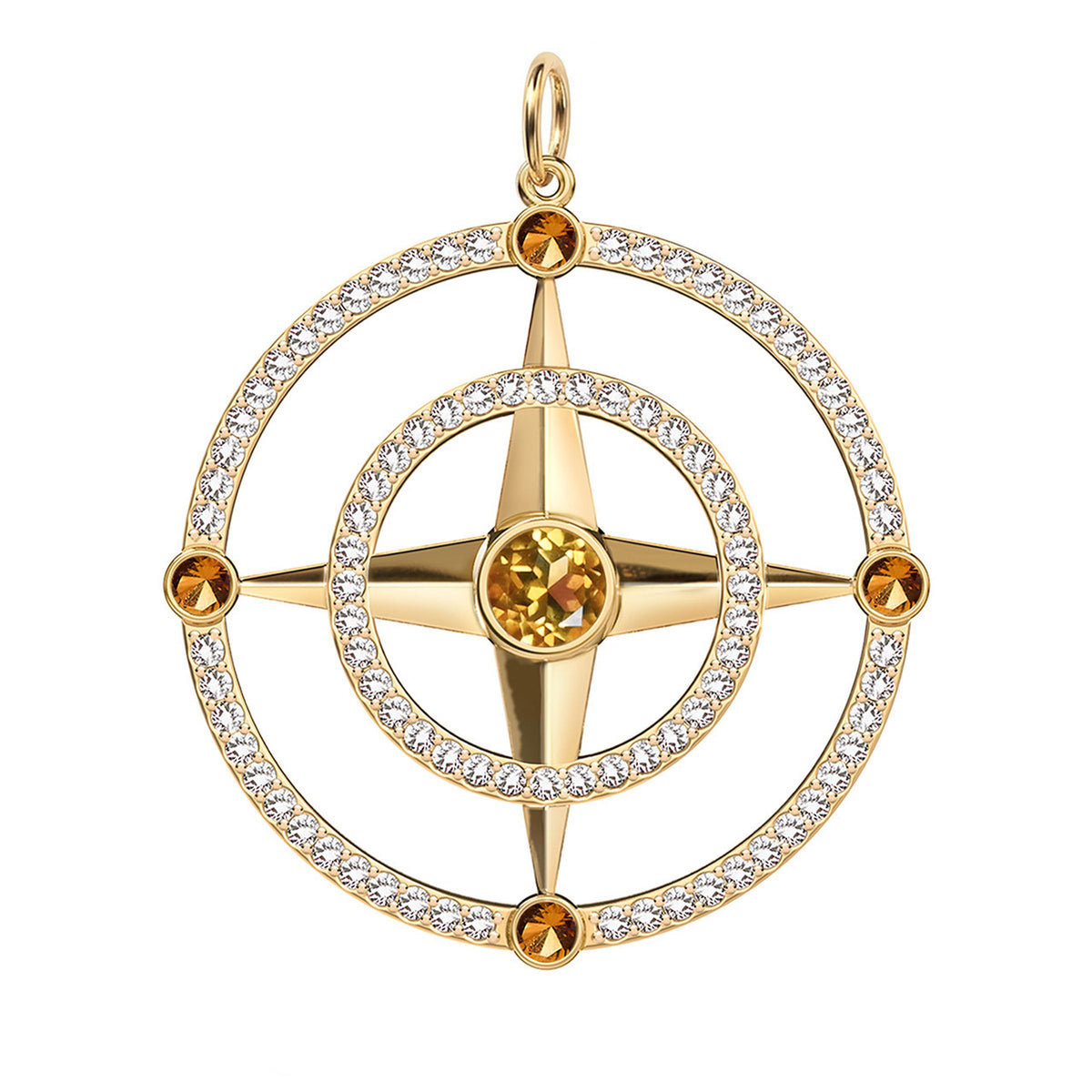 Large Compass Citrine & Diamond Pendant in 14k Gold (November)