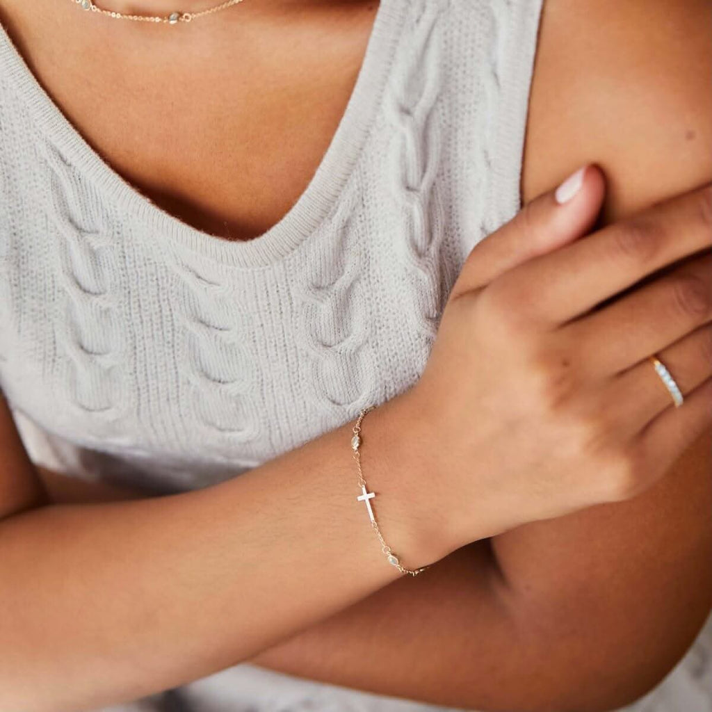 Bayberry Opal Birthstone Cross Bracelet in 14k Gold (October)