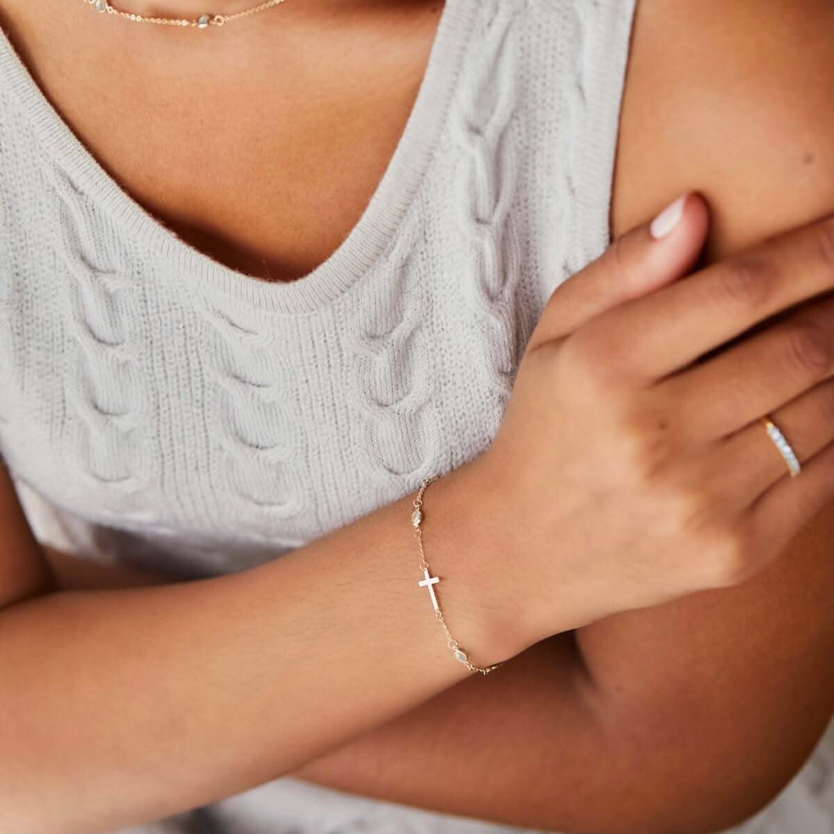 Bayberry Opal Birthstone Cross Bracelet in 14k Gold (October)
