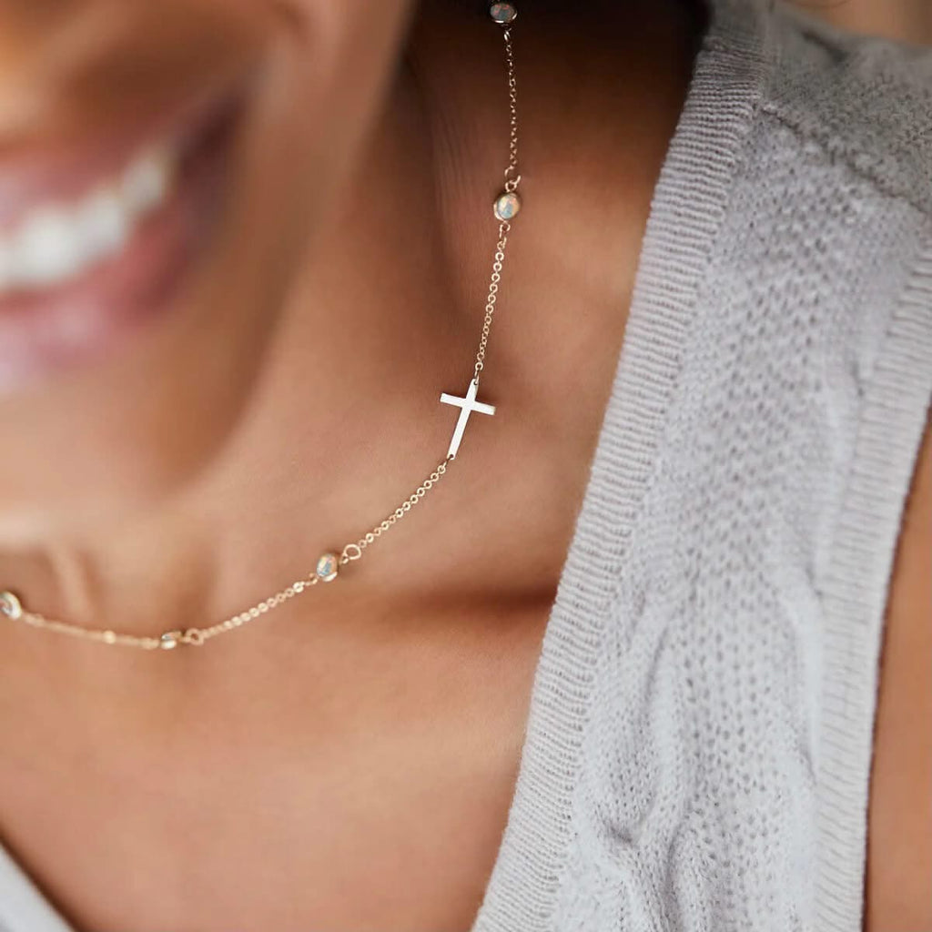 Bayberry Opal Birthstone Cross Necklace in 14k Gold (October)