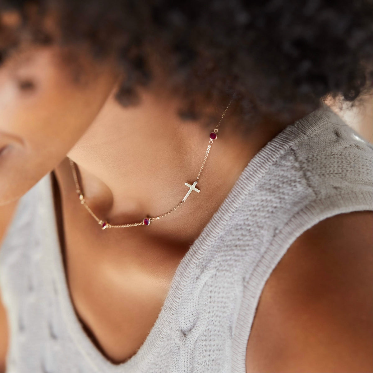 Bayberry Ruby Birthstone Cross Necklace in 14k Gold (July)