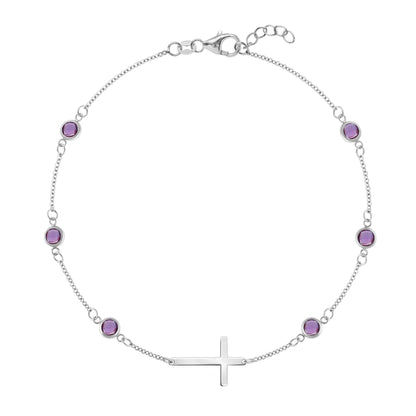 Bayberry Amethyst Birthstone Cross Bracelet in 14k Gold (February)