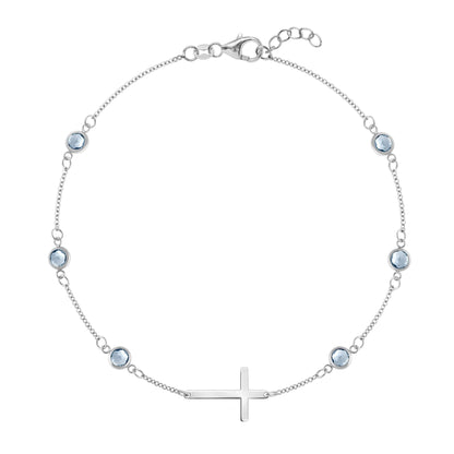 Bayberry Aquamarine Birthstone Cross Bracelet in 14k Gold (March)