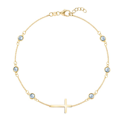 Bayberry Aquamarine Birthstone Cross Bracelet in 14k Gold (March)