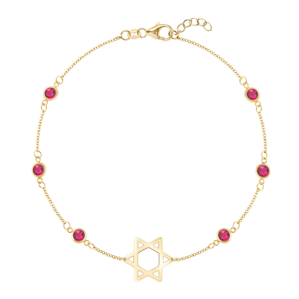Bayberry Ruby Star of David Bracelet in 14k Gold (July)
