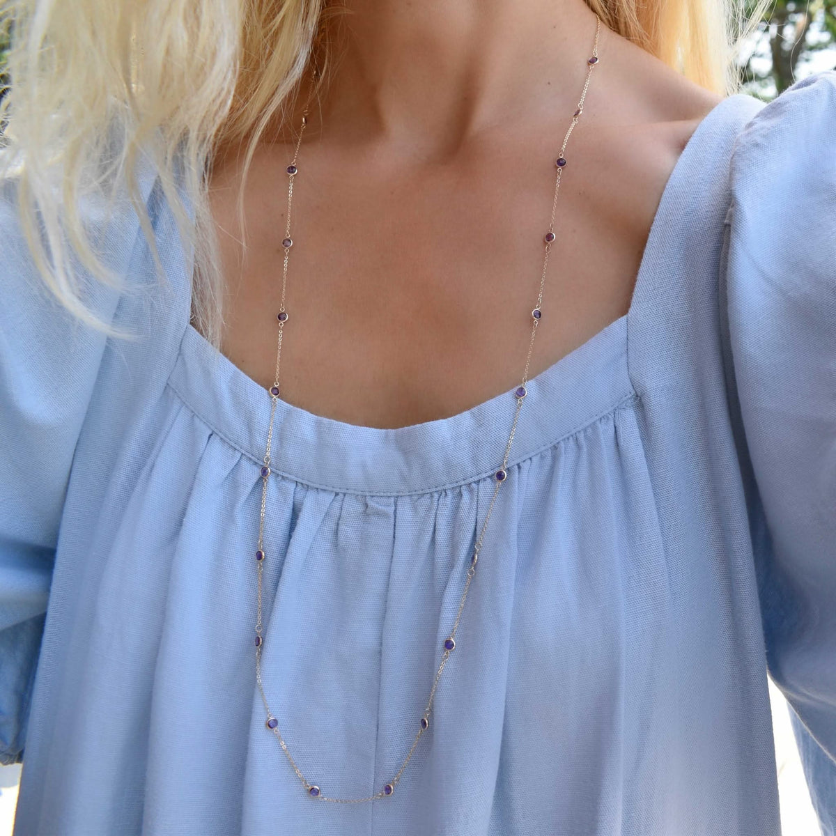 Bayberry Amethyst Long Necklace in 14k Gold (February)