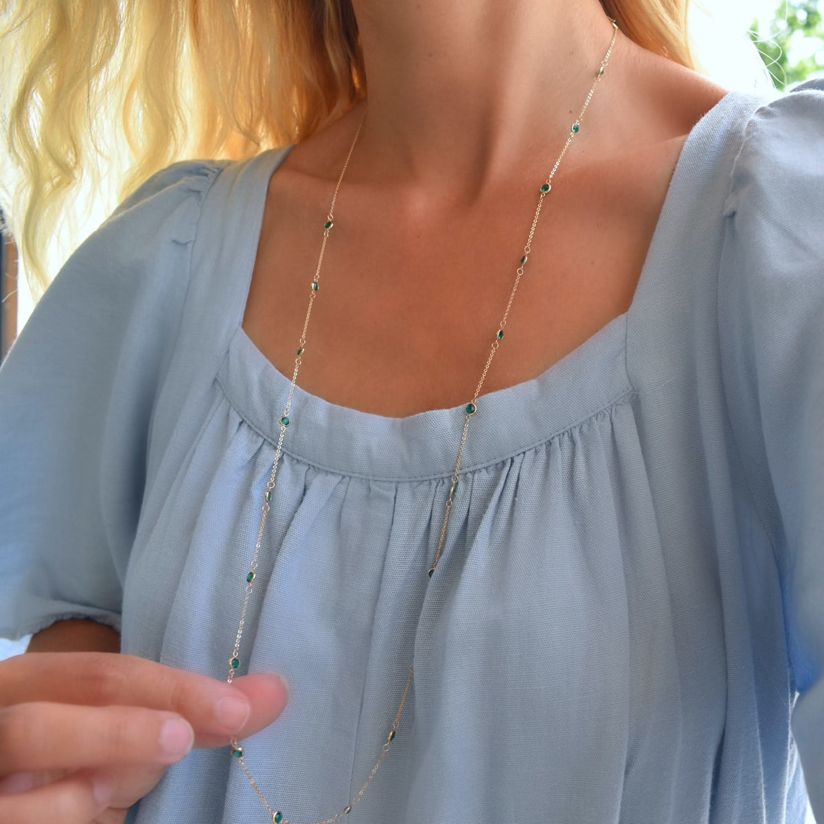Bayberry Emerald Long Necklace in 14k Gold (May)