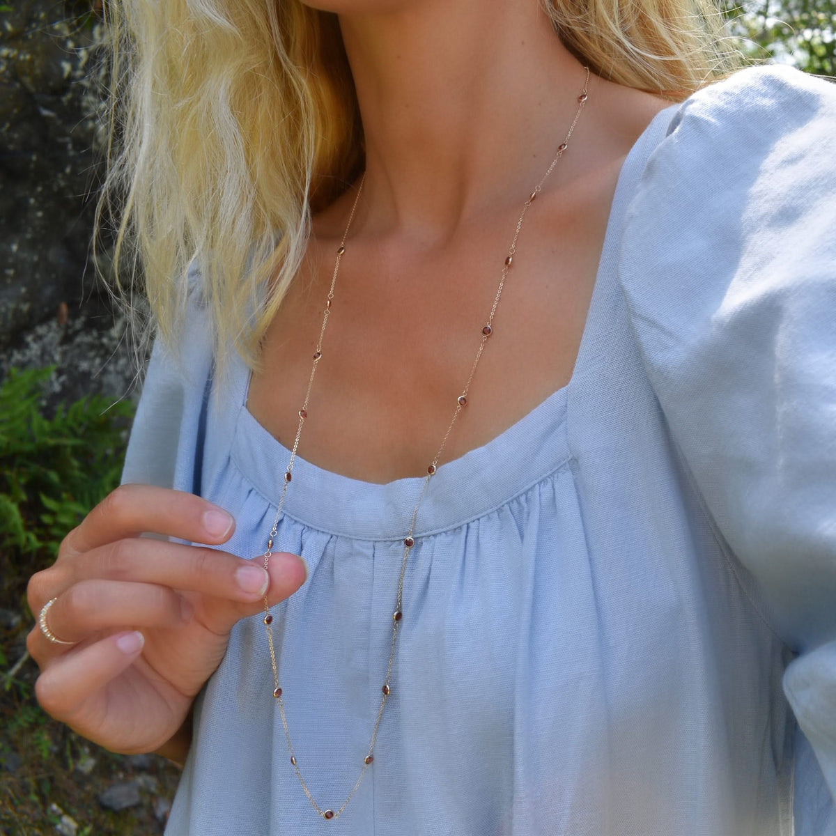 Bayberry Garnet Long Necklace in 14k Gold (January)