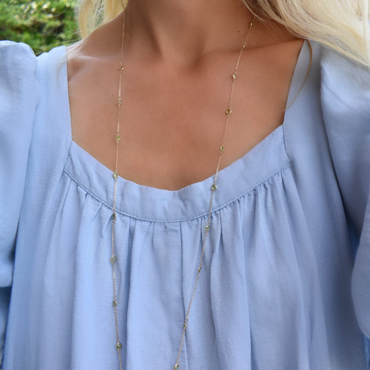 Bayberry Peridot Long Necklace in 14k Gold (August)