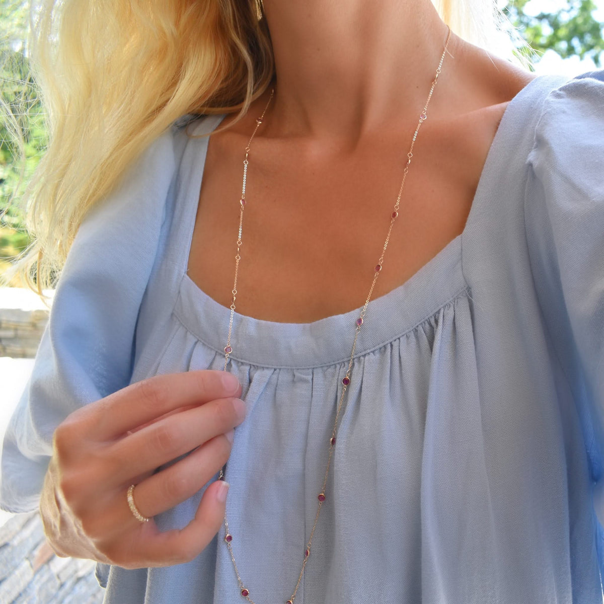 Bayberry Pink Sapphire Long Necklace in 14k Gold (October)