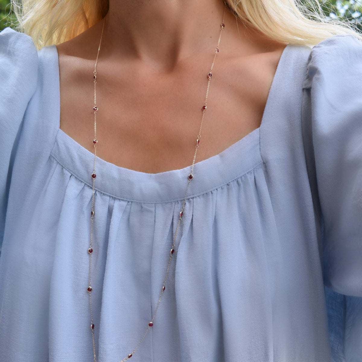 Bayberry Ruby Long Necklace in 14k Gold (July)