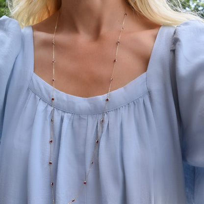 Bayberry Ruby Long Necklace in 14k Gold (July)