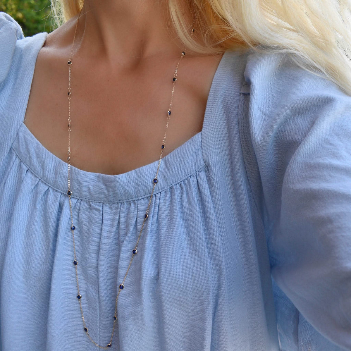Bayberry Sapphire Long Necklace in 14k Gold (September)