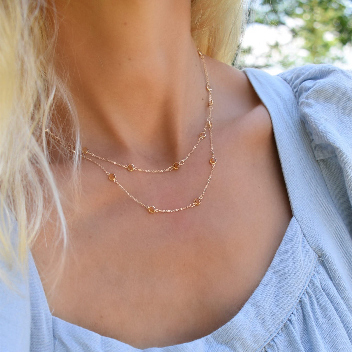 Bayberry Citrine Long Necklace in 14k Gold (November)