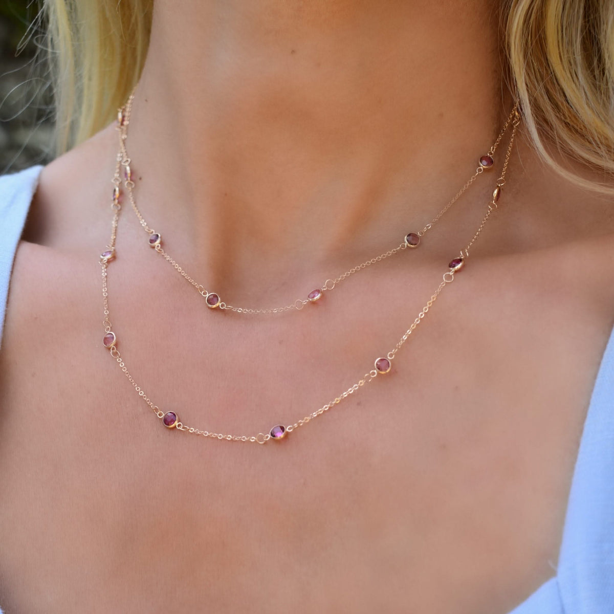 Bayberry Pink Sapphire Long Necklace in 14k Gold (October)