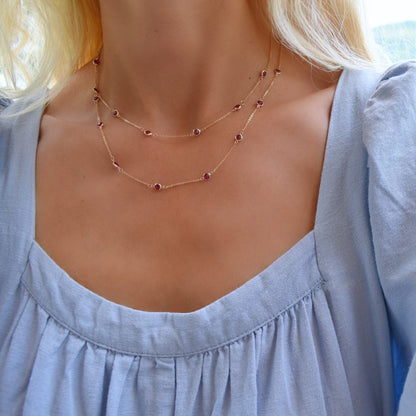 Bayberry Ruby Long Necklace in 14k Gold (July)
