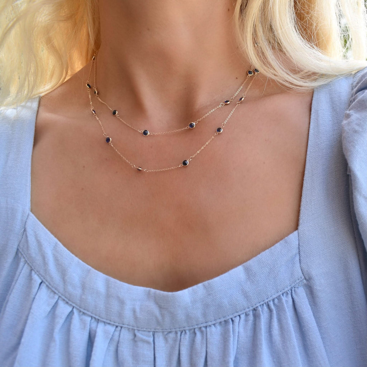Bayberry Sapphire Long Necklace in 14k Gold (September)