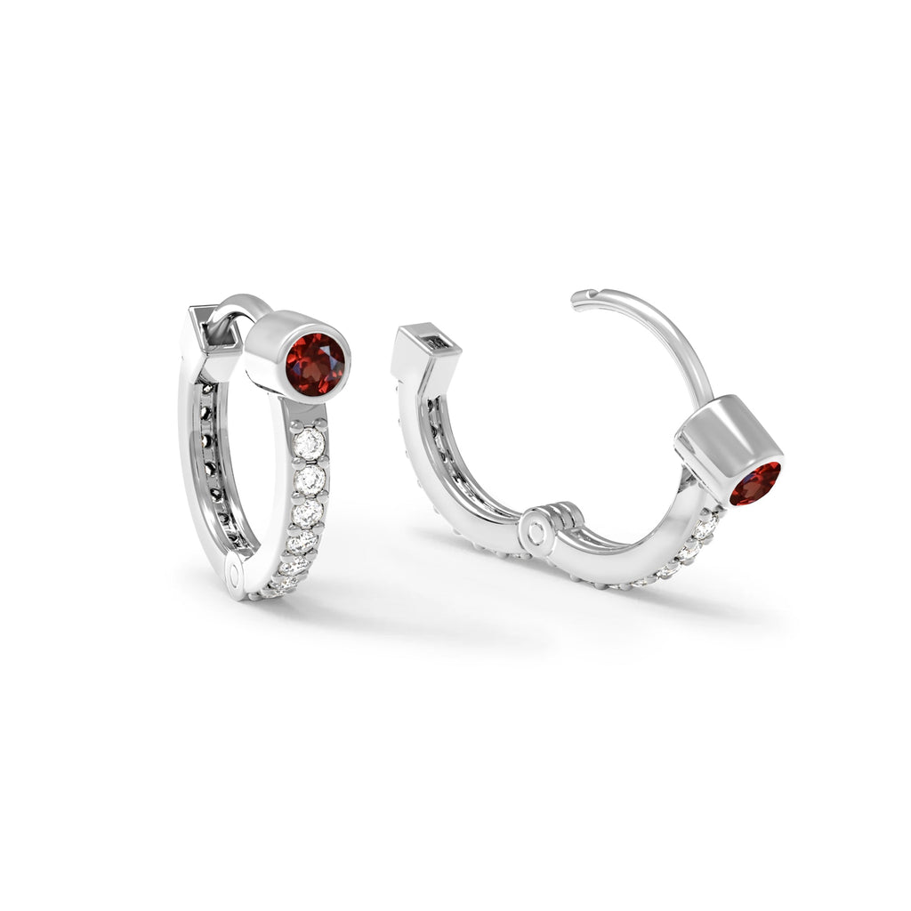 Garnet Medium Huggie Hoops with Diamonds in 14k Gold (January)