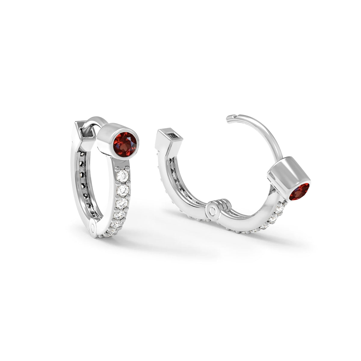 Garnet Medium Huggie Hoops with Diamonds in 14k Gold (January)