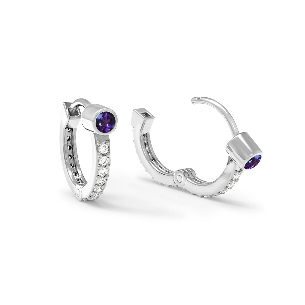 Amethyst Medium Huggie Hoops with Diamonds in 14k Gold (February)