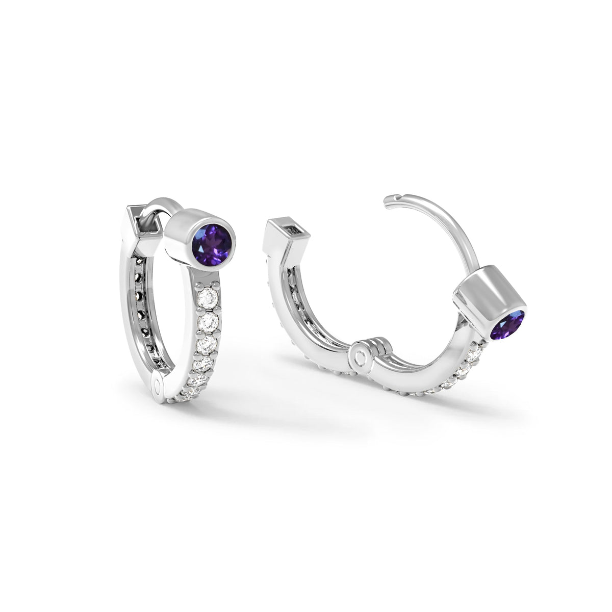 Amethyst Medium Huggie Hoops with Diamonds in 14k Gold (February)