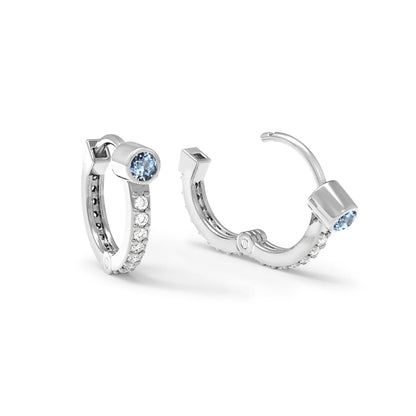 Aquamarine Medium Huggie Hoops with Diamonds in 14k Gold (March)