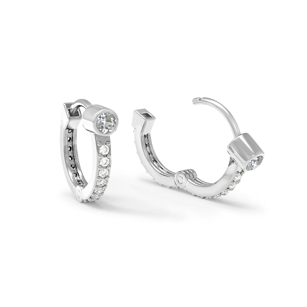 White Topaz Medium Huggie Hoops with Diamonds in 14k Gold (April)