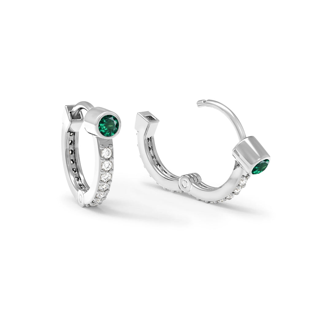 Emerald Medium Huggie Hoops with Diamonds in 14k Gold (May)