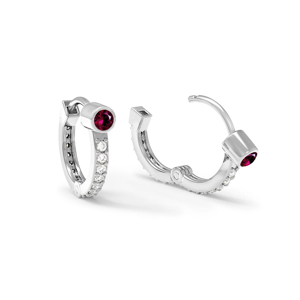Ruby Medium Huggie Hoops with Diamonds in 14k Gold (July)