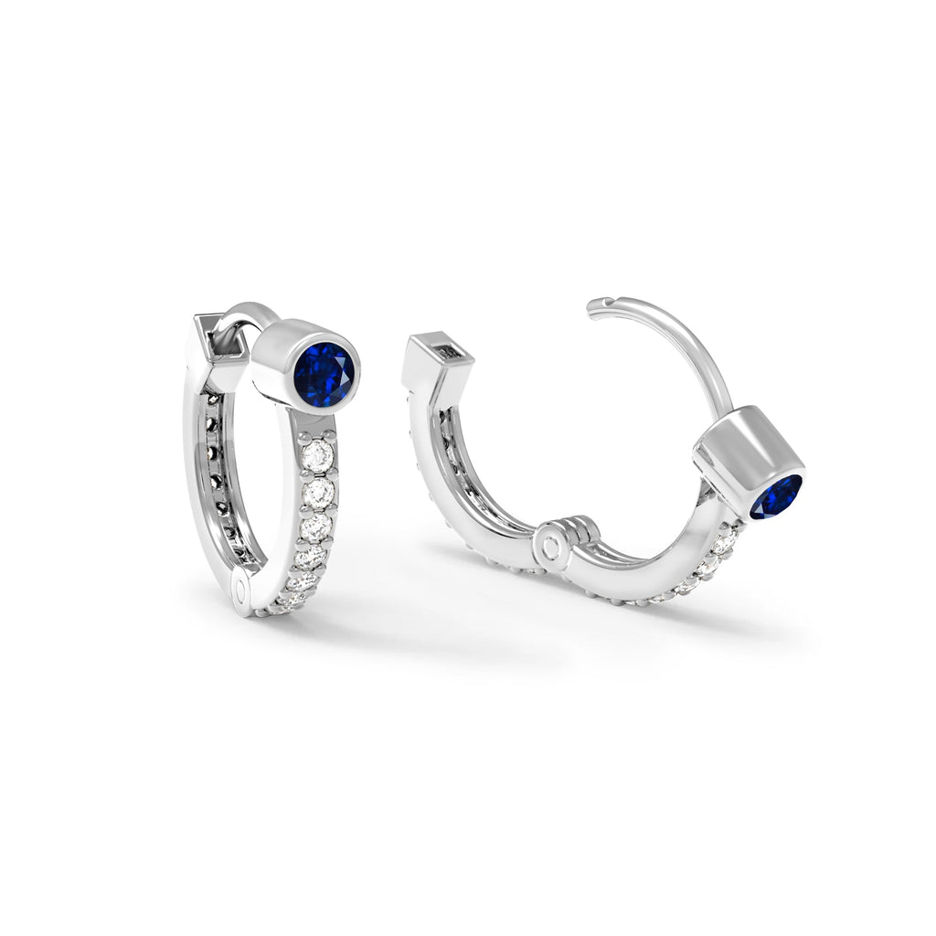 Sapphire Medium Huggie Hoops with Diamonds in 14k Gold (September)