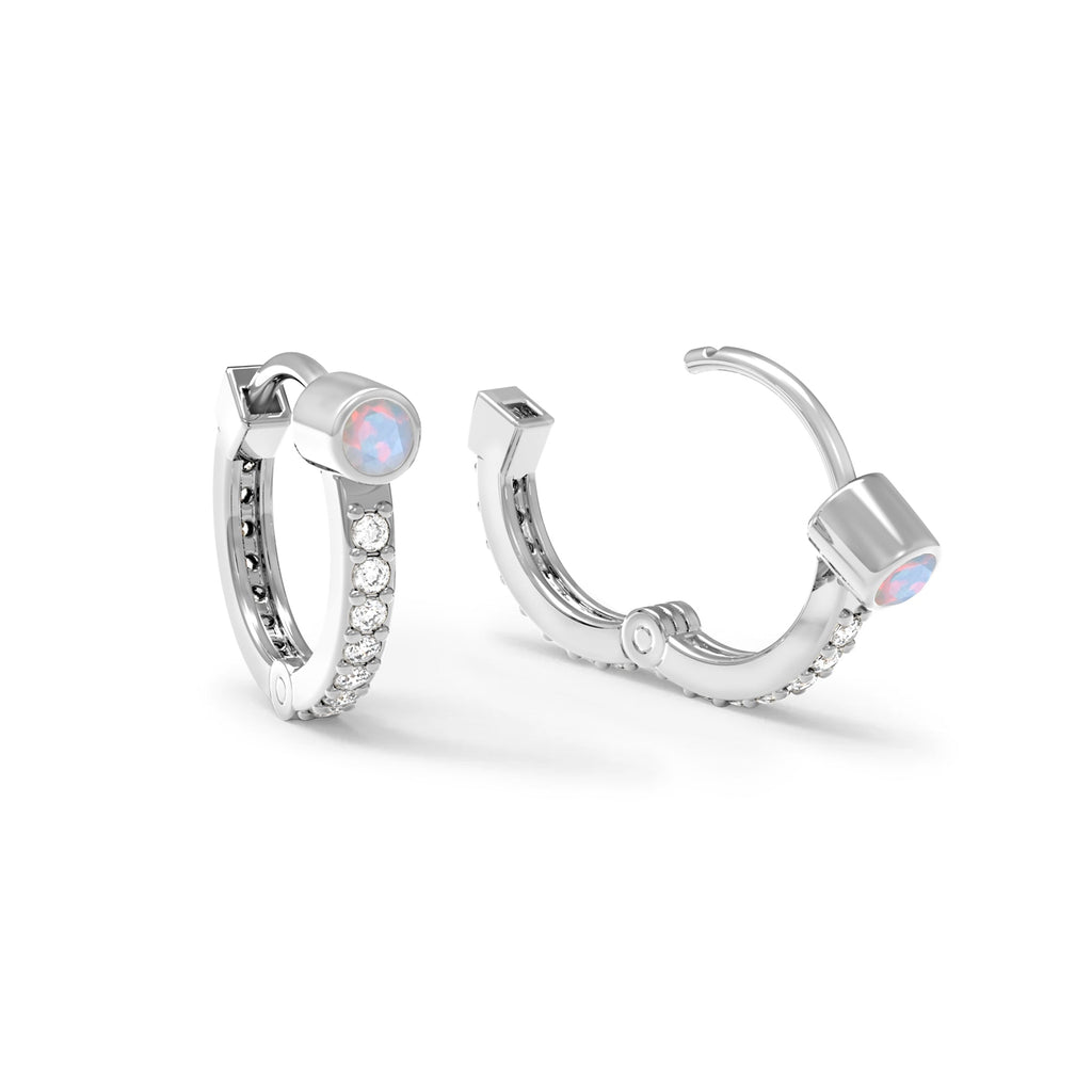 Opal Medium Huggie Hoops with Diamonds in 14k Gold (October)