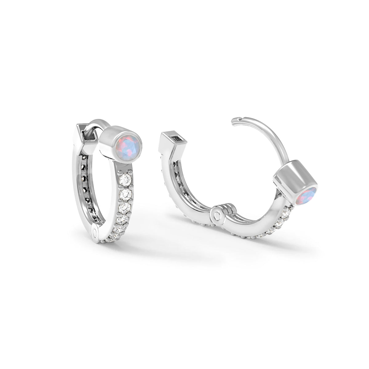 Opal Medium Huggie Hoops with Diamonds in 14k Gold (October)