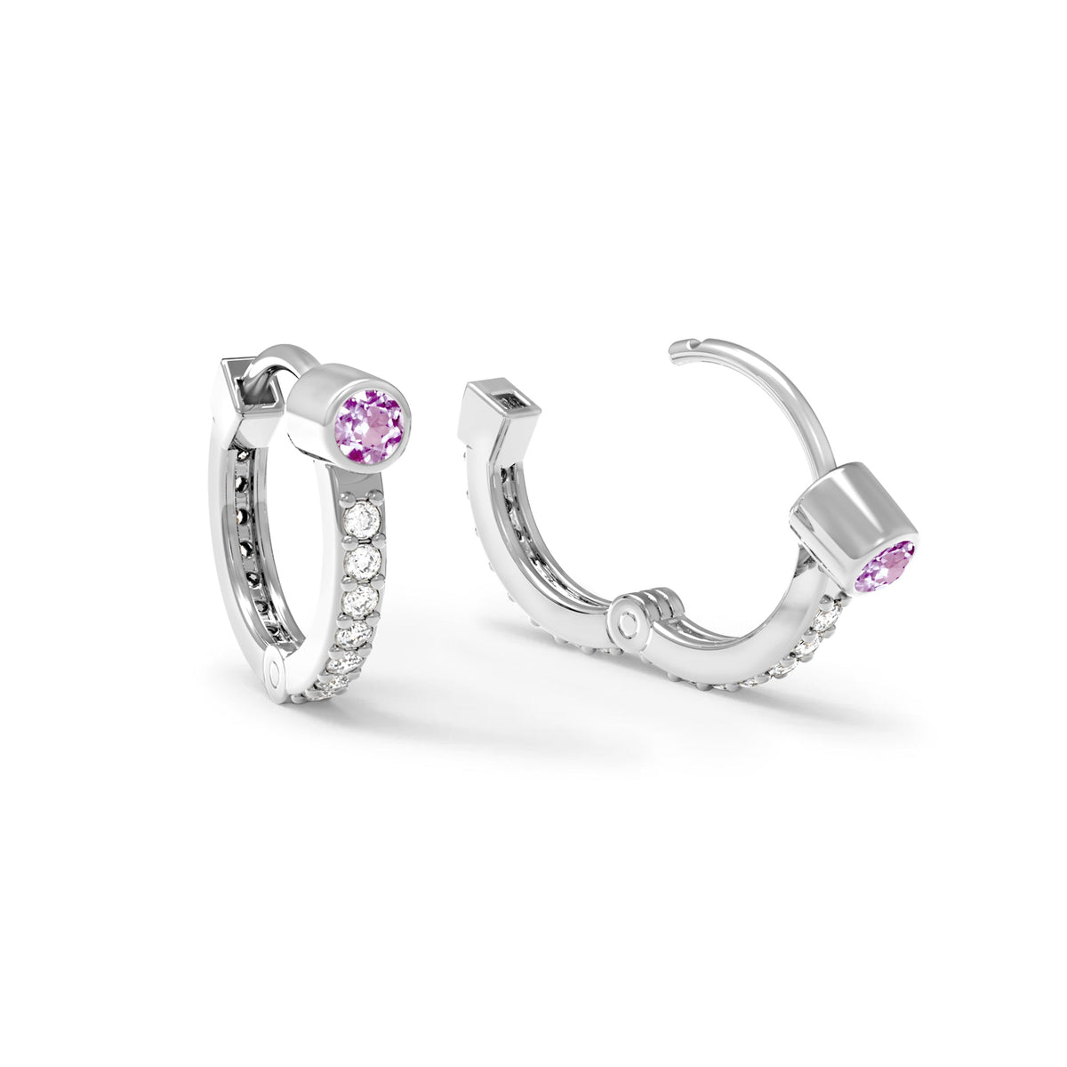 Pink Sapphire Medium Huggie Hoops with Diamonds in 14k Gold (October)