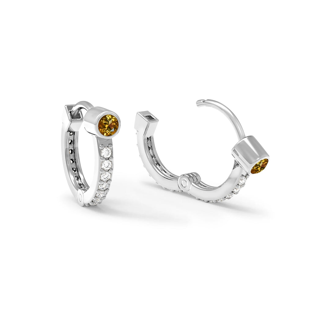 Citrine Medium Huggie Hoops with Diamonds in 14k Gold (November)