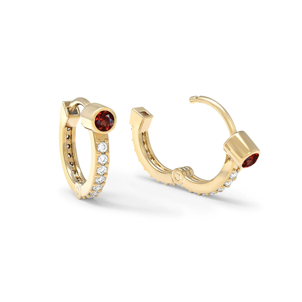 Garnet Medium Huggie Hoops with Diamonds in 14k Gold (January)