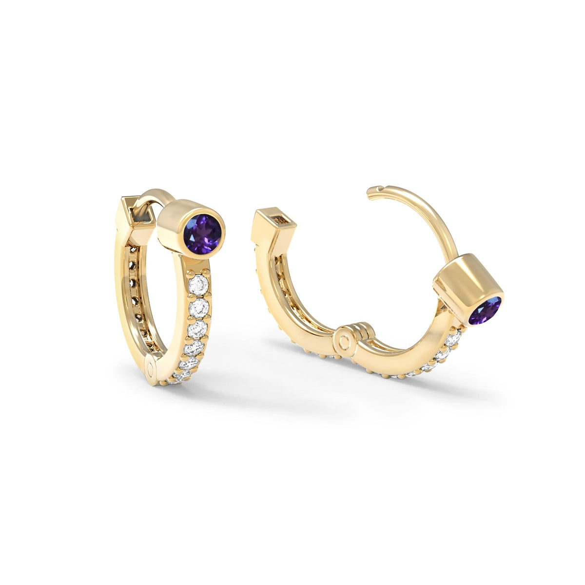 Amethyst Medium Huggie Hoops with Diamonds in 14k Gold (February)